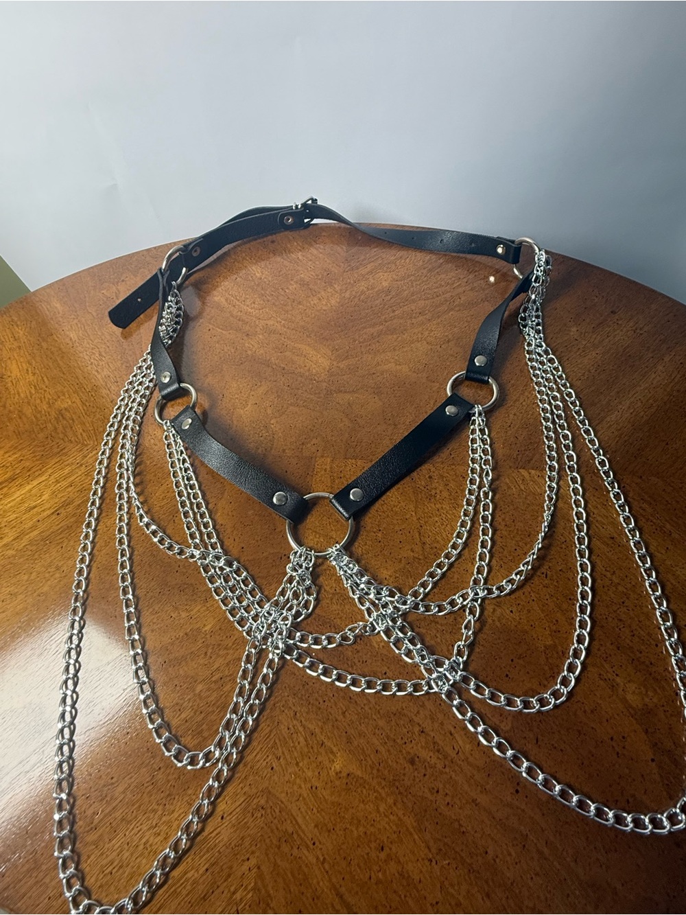 Edgy Black Leather and Silver Chain Body Harness